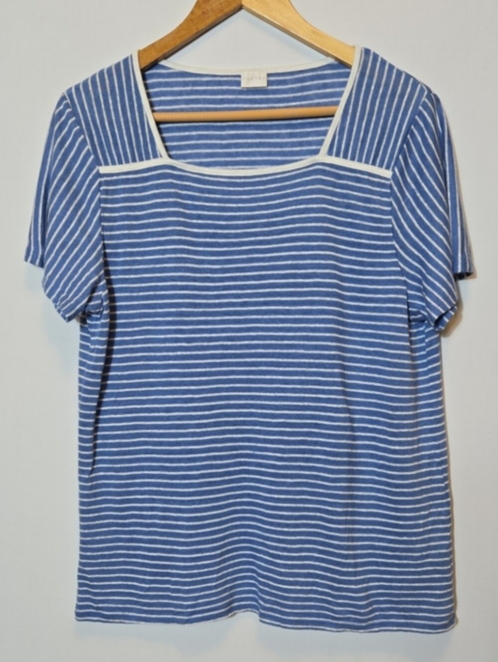 Poetry Top Linen Shirt Short Sleeve Blue Striped Lightweight Coastal Nautical